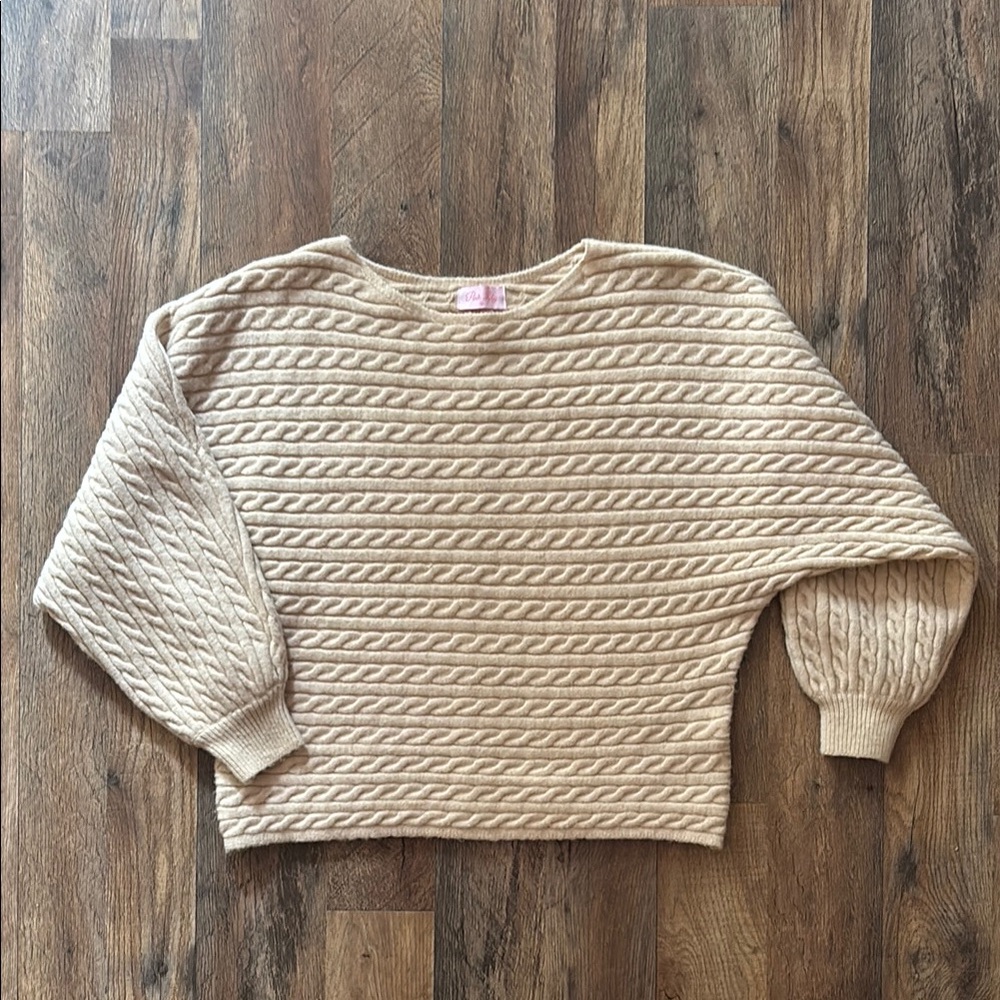 Pink Lily Cream Cozy Casual Cable Knit Crewneck Balloon Sleeve Sweater Medium